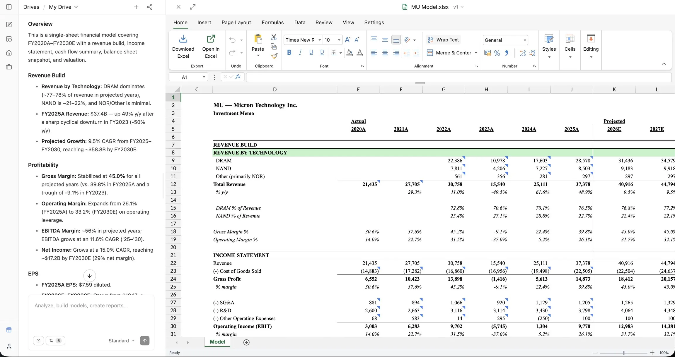 Compound public company modeling: chat reasoning panel alongside a Micron Technology investment model with revenue build and income statement in Excel.